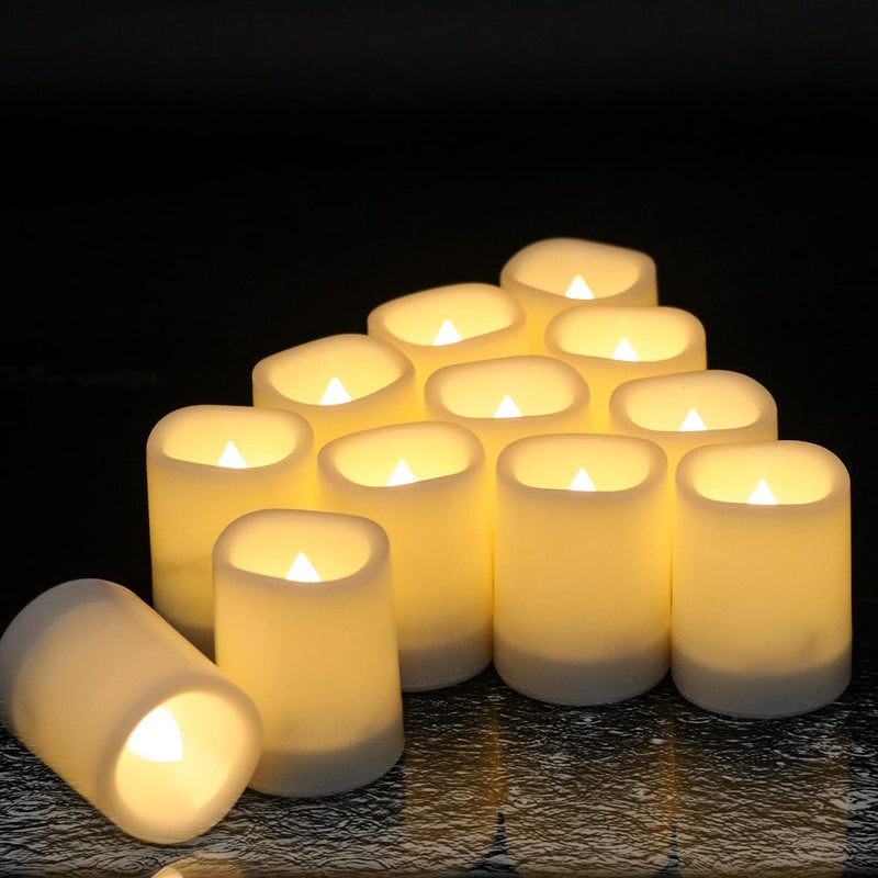 DRomance Outdoor Waterproof Flameless Votive Candles with Timer, Battery Operated LED Tealight Flickering Candles Warm Light Set of 12 Wedding Party Decor Plastic Candle(1.5 x 2 Inches) - Image 1